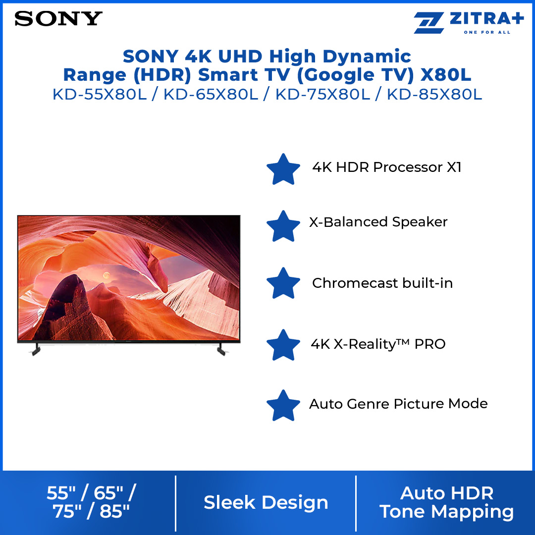 SONY 55"/65"/75"/85" 4K UHD High Dynamic Range (HDR) Smart TV | X80L TV Series | 4K HDR Processor X1™ | Motionflow™ XR | Smart TV with 2 Year Warranty