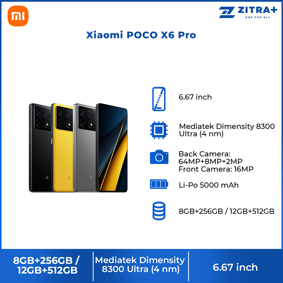 Xiaomi POCO X6 Pro | 8GB+256GB / 12GB+ 512GB | Flagship MediaTek Dimensity 8300-Ultra | CrystalRes 120Hz FIow AMOLED | 64MP Triple Camera with OIS | Smartphone with 1 Year Warranty