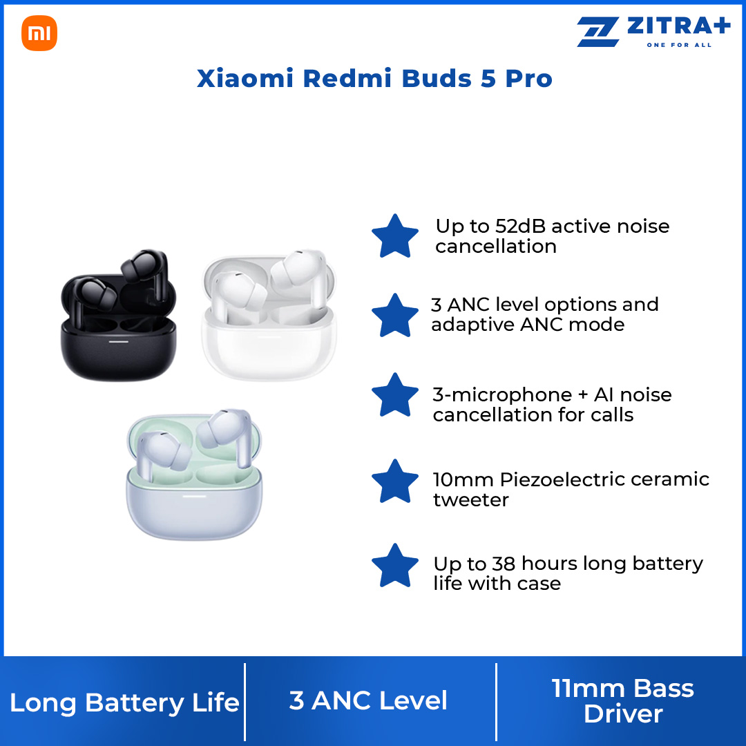 (Pre-Order 20.01.24 - 02.02.24) Xiaomi Redmi Buds 5 Pro | 3 Microphone + AI Noise Cancellation For Calls | Hi-Res Audio Wireless | Touch Control | Earbud with 1 Year Warranty