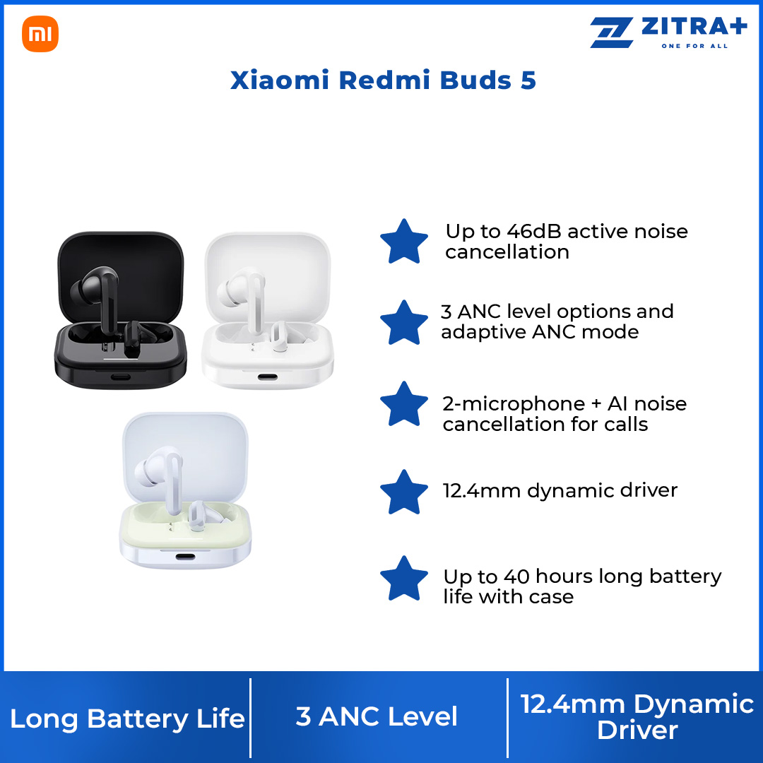 (Pre-Order 20.01.24 - 02.02.24) Xiaomi Redmi Buds 5 | AI Noise Reduction for Calls | Ultimate Hi-Fi Sound | Audio Balance | Earbud with 1 Year Warranty