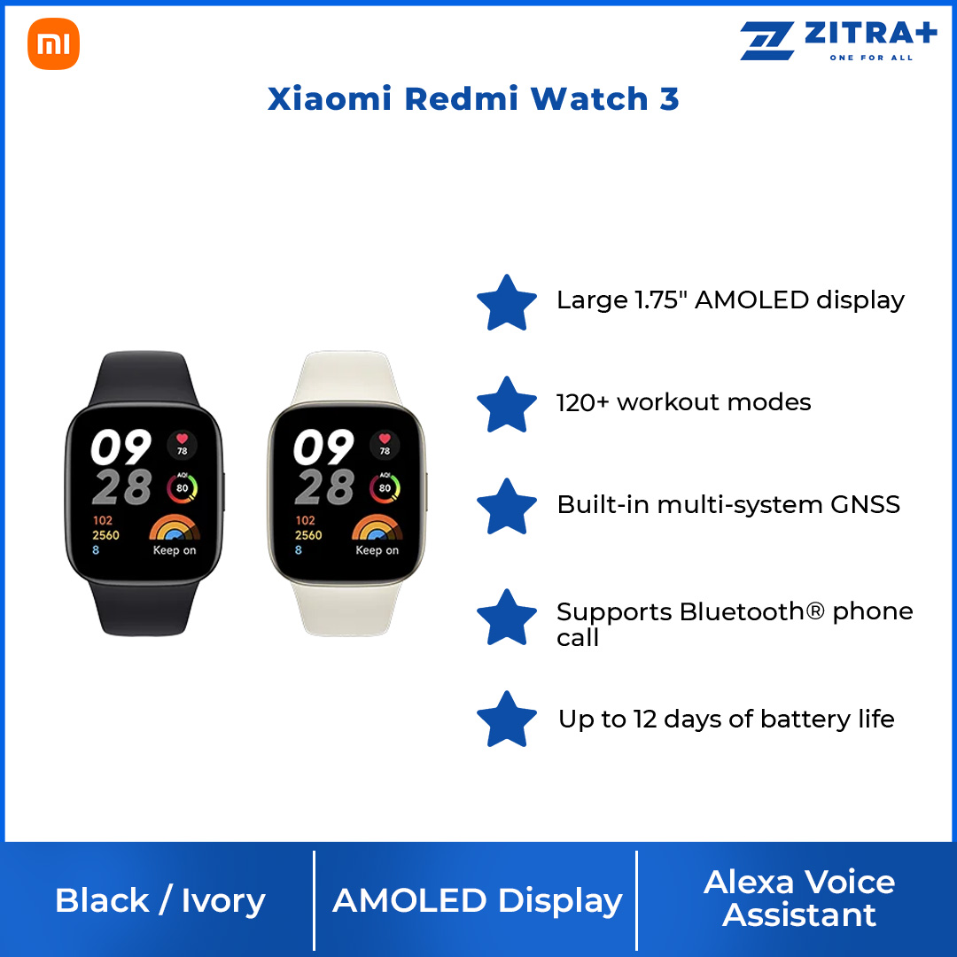 Xiaomi Redmi Watch 3 | 1.75" AMOLED Display | Up to 12 Days of Battery Life | 5ATM Water Resistance | 120+ Workout Modes | Smart Watch with 1 Year Warranty