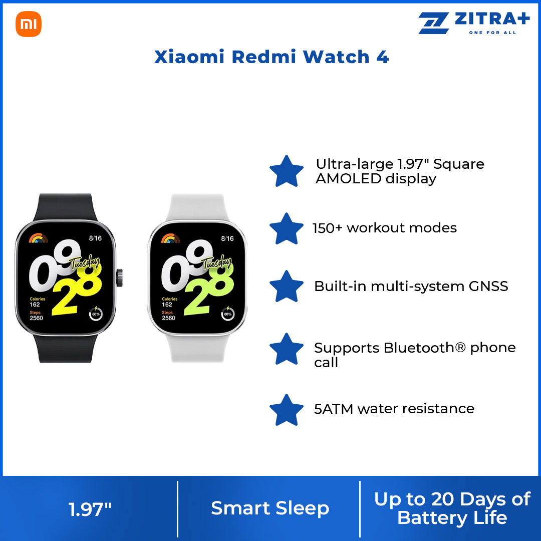 Xiaomi Redmi Watch 4 | 470mAh | Ultra-large 1.97" Square AMOLED | 60Hz refresh rate | 5ATM Water Resistance | Built-in Multi-System GNSS | 4-Channel PPG Sensor Configuration | Smartwatch with 1 Year Warranty