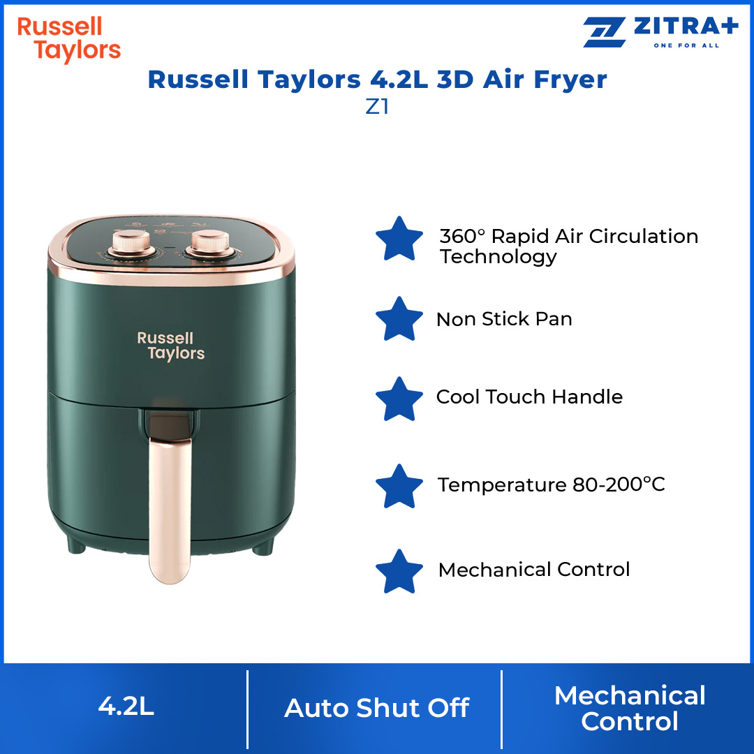 Russell Taylors 4.2L 3D Air Fryer Z1 | 360° Rapid Air Circulation Technology | Non Stick Pan | Temperature 80-200ºC |  Mechanical Control | Auto Shut Off | Power: 1,200W | Air Fryer with 2 Year Warranty