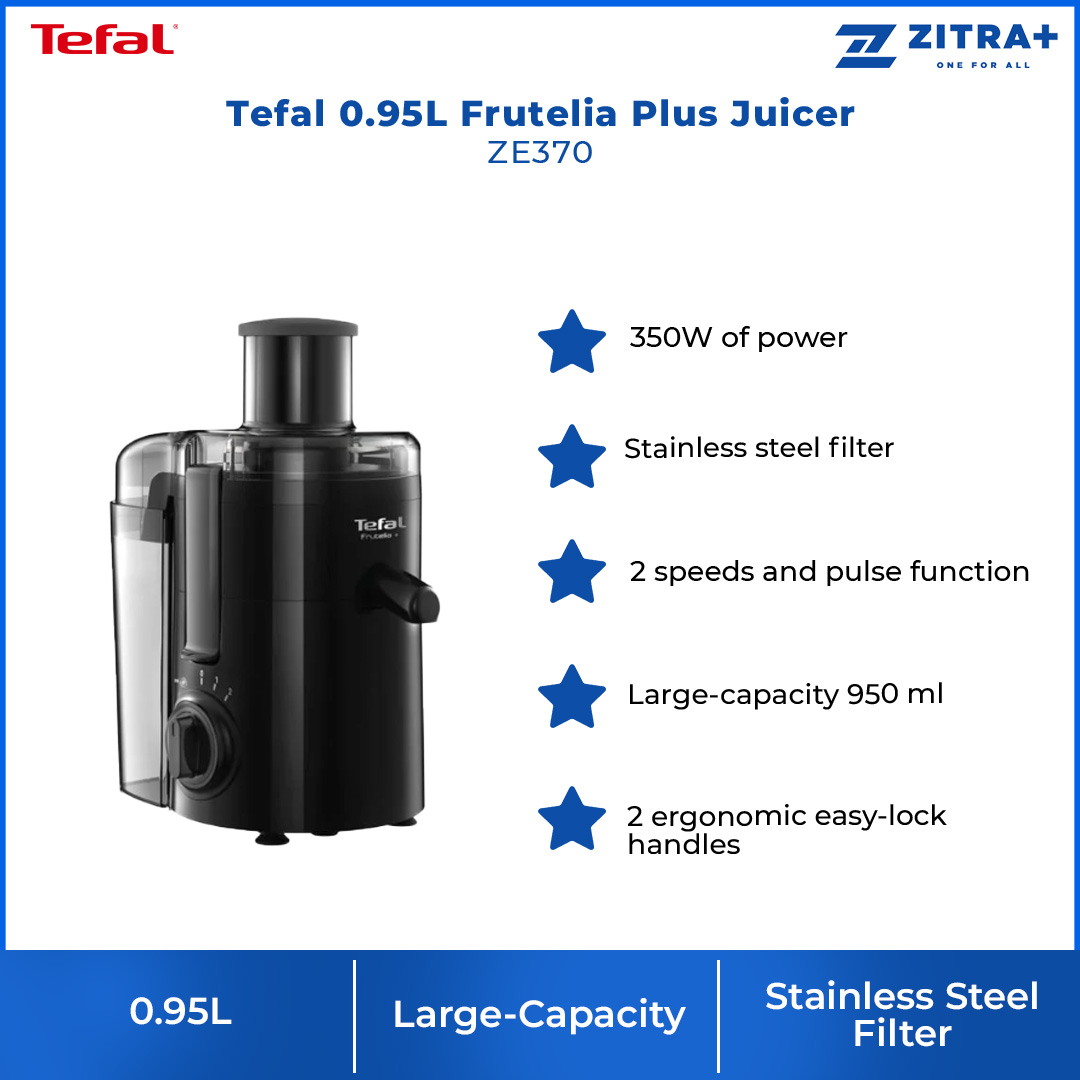 Tefal 0.95L Frutelia Plus Juicer ZE370 | 350W of Power | 2 + Pulse Speed Settings | Stable Design with Non-Slip Feet | Juice Extractor with 2 Year Warranty