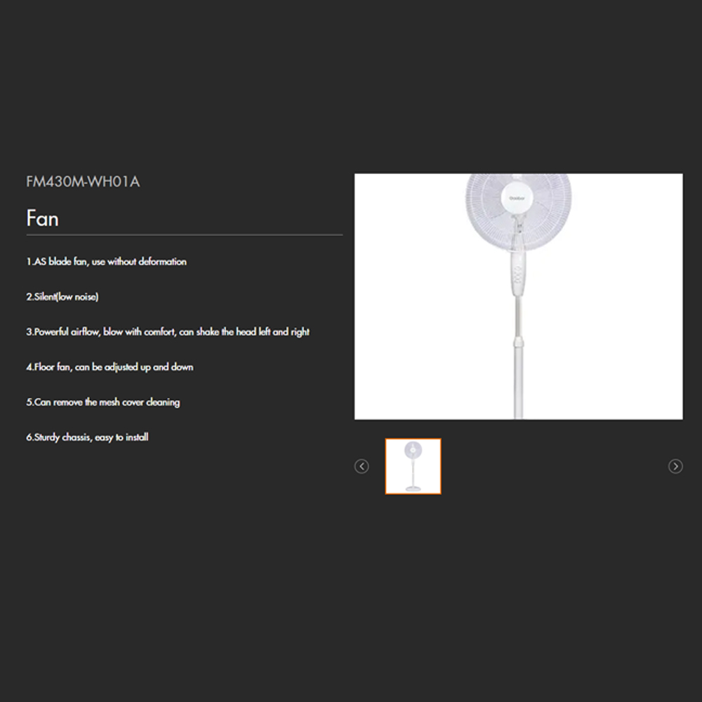 Gaabor 15" Stand Fan FM430M-WH01A |  3 Speed Setting | Low Noise | Adjustable Telescopic Pole | 1  Year General Warranty