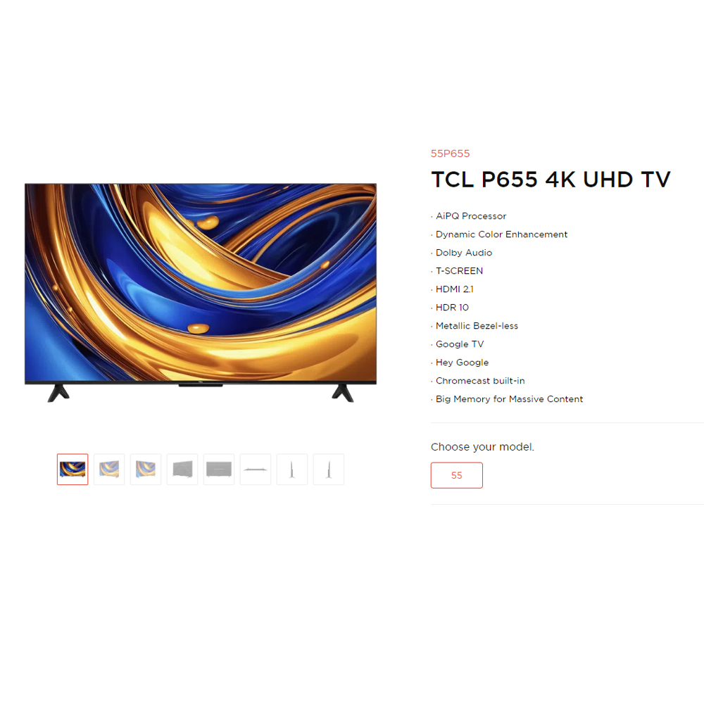 TCL 55" P655 4K UHD Google TV 55P655 | AiPQ Processor | Dynamic Color Enhancement | Dolby Audio | T-SCREEN | Bezel-less