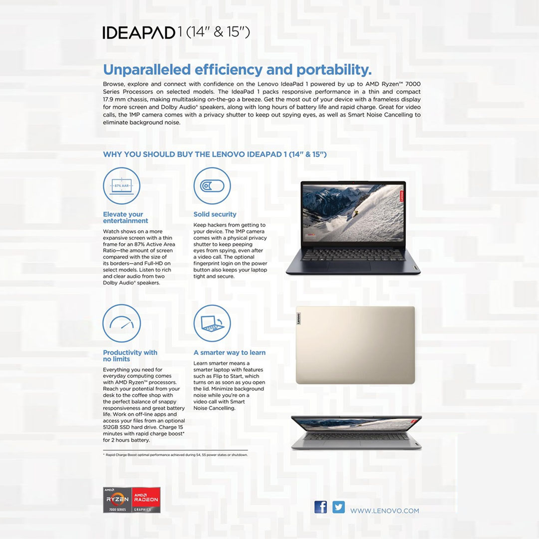 Lenovo Ideapad 1 15AMN7/15ALC7  Laptop 82VG00KMMJ/82R400EVMJ (AMD Ryzen 5 5500U/ 8GB+512GB / 15.6-inch / ) | 	AMD Radeon™ 610M Graphics | AMD SoC | Laptop with 2 Year Warranty