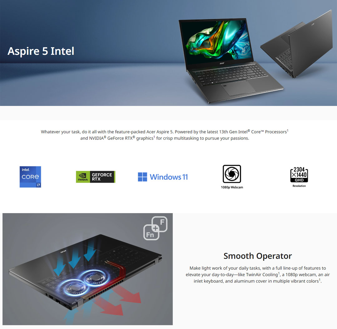 Acer Aspire 5 14-inch Intel Core i5-1335U Intel Iris Xe Graphics 16GB+512GB | 14-inch | Windows 11 Home | Laptop with 3 Years Warranty