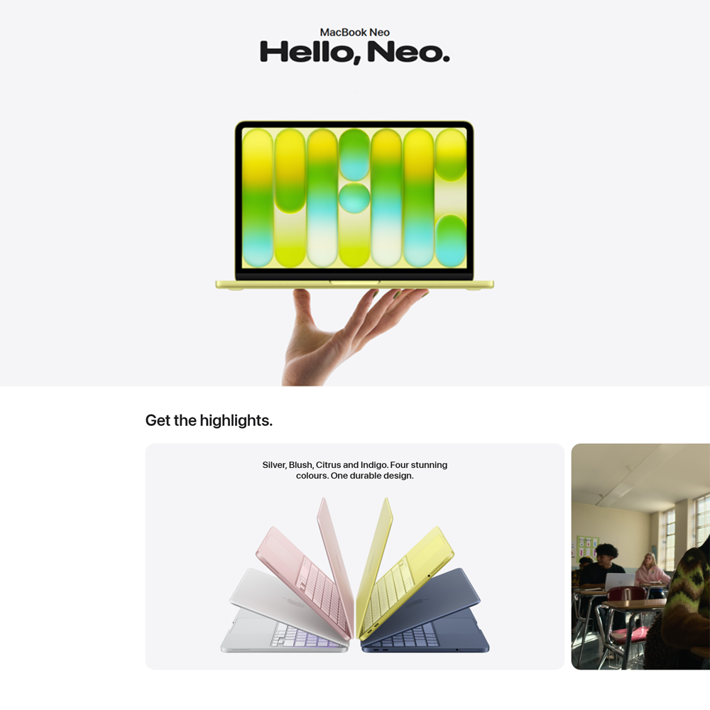 Apple MacBook Neo 8GB+256GB/ 8GB+512GB | 13-inch | Apple A18 Pro chip with 6‑core CPU and 5‑core GPU | Built-in privacy | 1080p FaceTime HD camera