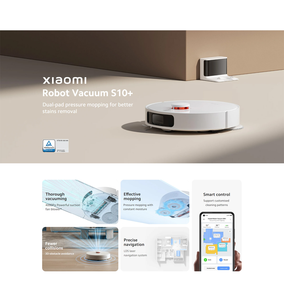 Xiaomi 55W Robot Vacuum S10+ B105 | 4000Pa Powerful Suction Fan Blower | 3D Obstacle Avoidance | Smart Control | Vacuum with 1 Year Warranty