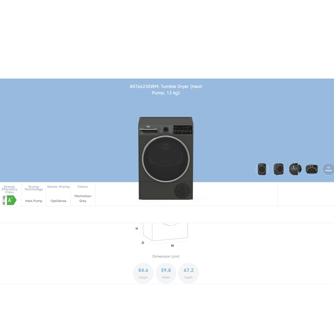 Beko 12KG Heat Pump ProSmart Inverter Tumble Dryer B5T66230WM | AquaWave | EcoGentle | Digital Display | Hygienic Drying | Tumbler Dryer with 2 Year Warranty