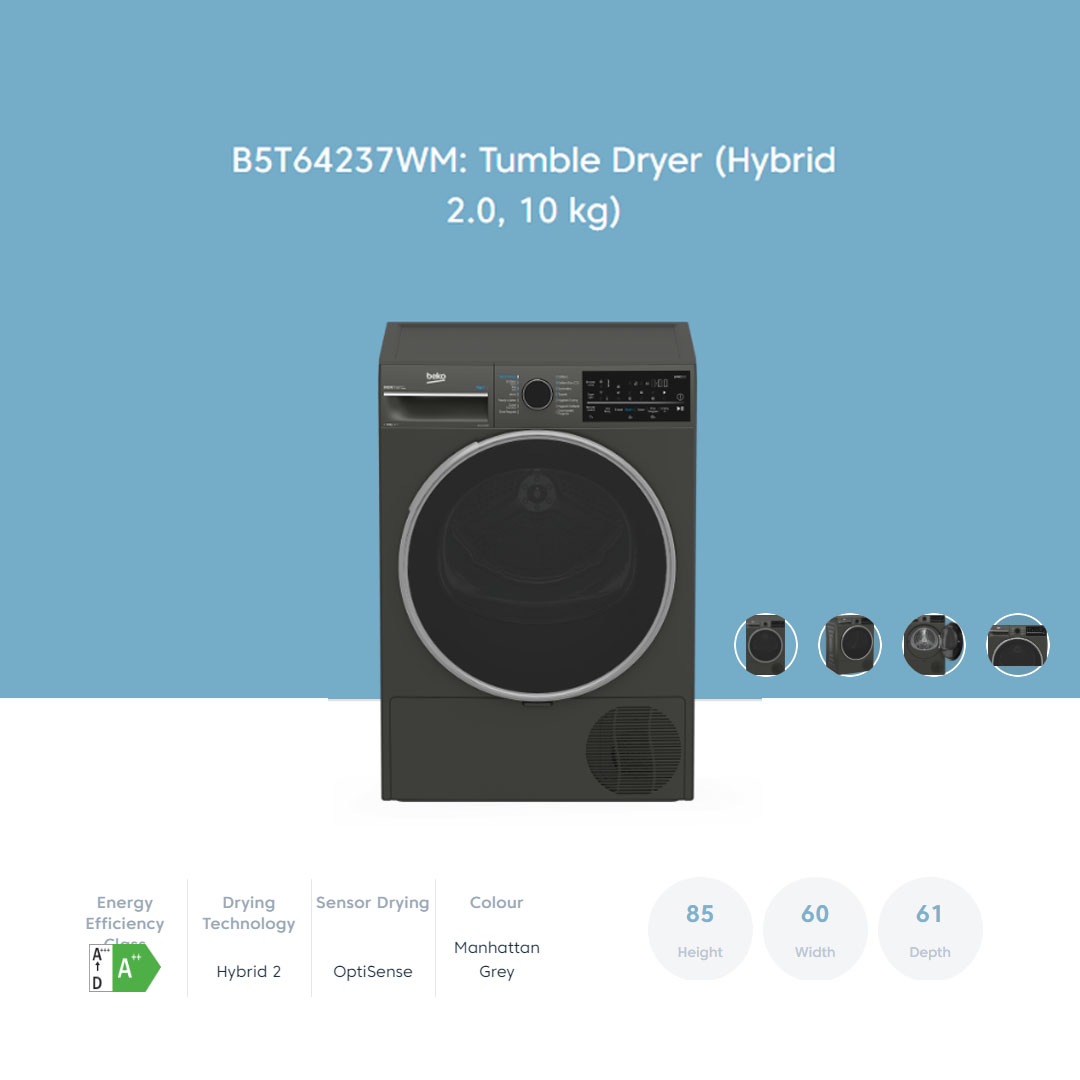 Beko 10KG Hybrid 2 Heatpump Tumble Dryer B5T64237WM | A++ Energy Efficiency Class | Wireless HomeWhiz Connection | Sensor Drying | Tumbler Dryer with 2 Year Warranty