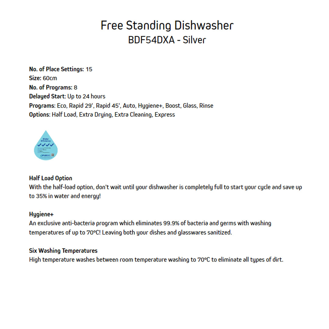 Brandt 12/15 Place Setting Free Standing Dishwasher DWF128DW/BDF54DXA | Hygiene+ | Extra Drying | Up to 24 hours | Dishwasher with 1 Year Warranty