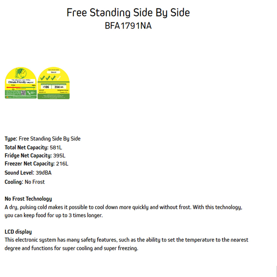 Brandt 581L Free Standing Side By Side Refrigerator BFA1791NA |  External LED Display | Eco Mode | Door Alarm | Refrigerator with 1 Year Warranty