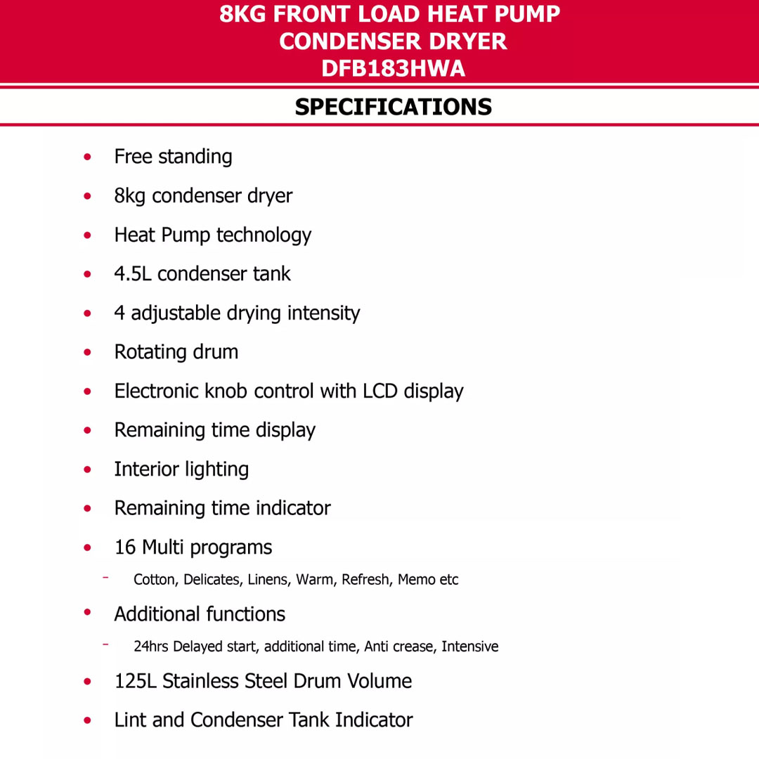 Brandt 8KG Front Load Heat Pump Condenser Dryer DFB183HWA | Anti-crease Function | 17 Drying Programs |  LCD display | Dryer with 1 Year Warranty