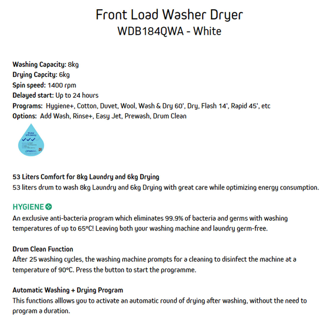 Brandt 8KG/6KG Front Load Inverter Washer Dryer WDB184QWA | Hygiene+ | Drum Clean Function | Up to 24 hours | Washer Dryer with 1 Year Warranty