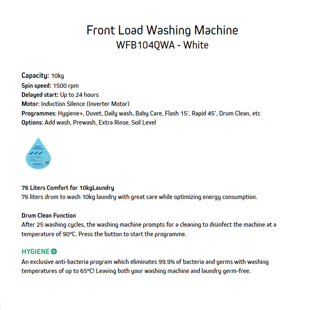 Brandt 10KG/12KG Front Load Inverter Washing Machine WFB104QWA/WFB126QWA | 14 Multi Programs | Anti Detergent Leak | Child Lock | Washing Machine with 1 Year Warranty