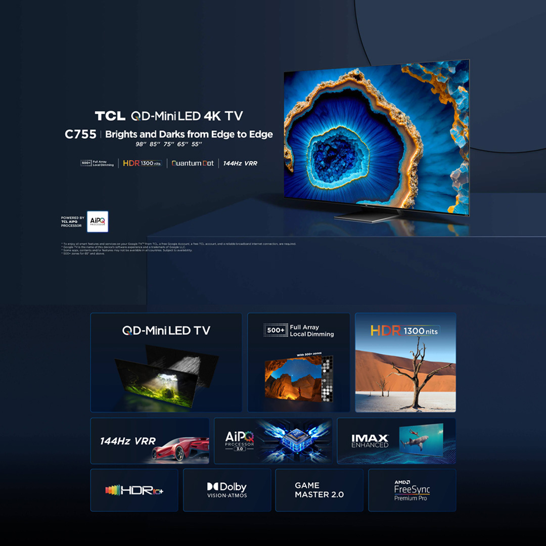 TCL 55" / 65" /75" / 85" / 98" 4K UHD QD-Mini LED Google TV | 55C755 / 65C755 / 75C755 / 85C755 / 98C755 | Full Array Local Dimming | IMAX Enhanced | Google TV with 2 Year Warranty