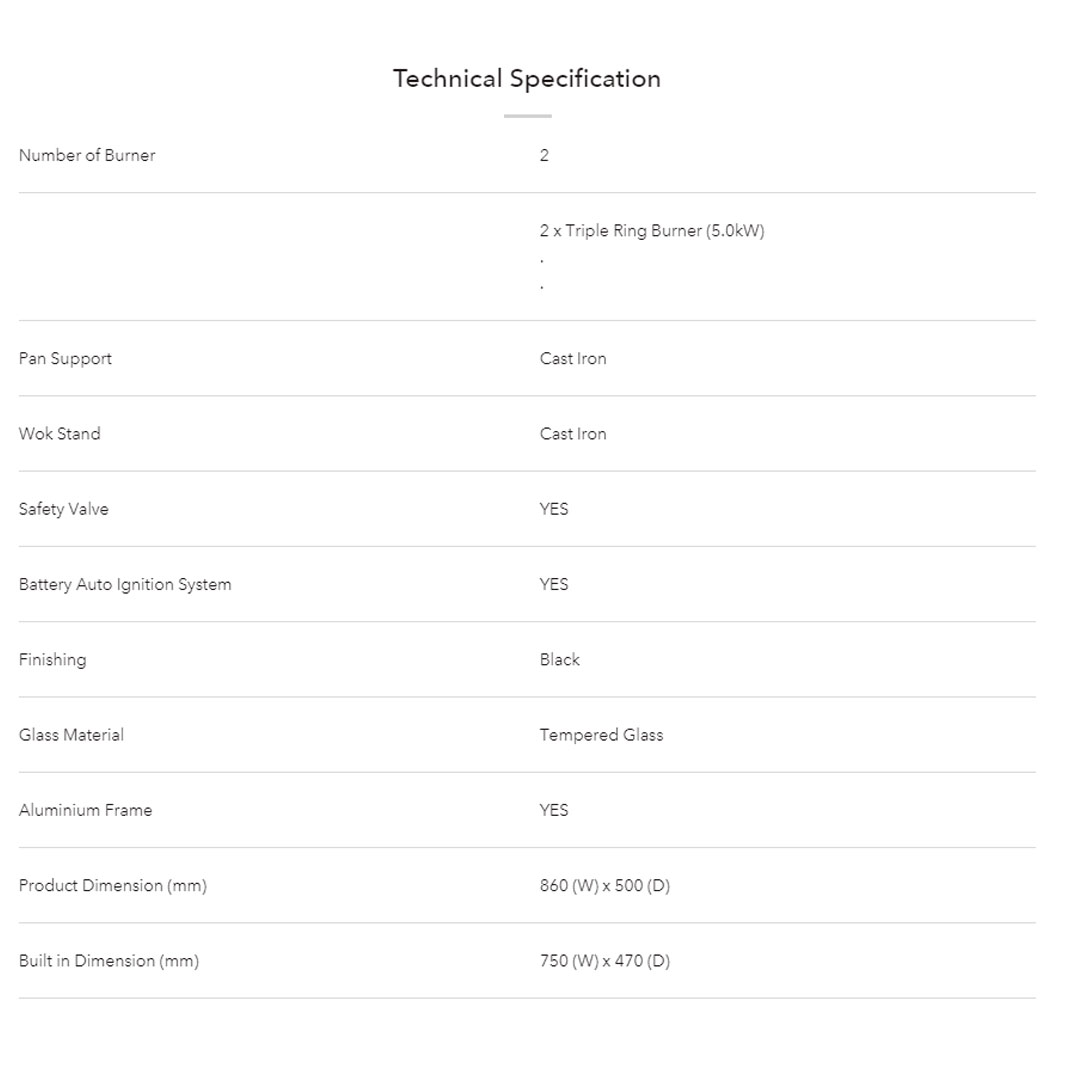 ELBA 2 Burners Built-In Glass Hob EGH-E9502G(BK) | Elegant Design | Safety Valve | Embraced Aluminium Frame Protection | Hob with 1 Year Warranty