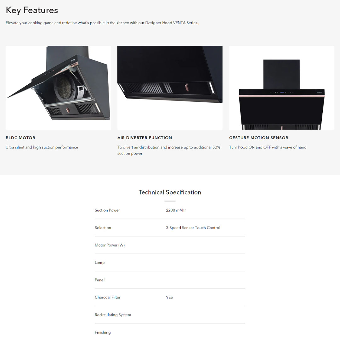 ELBA 2200 m³/hr Designer Hood VENTA EH-Q9690DC(BK) | BLDC MOTOR | AIR DIVERTER FUNCTION | GESTURE MOTION SENSOR | Hood with 1 Year Warranty