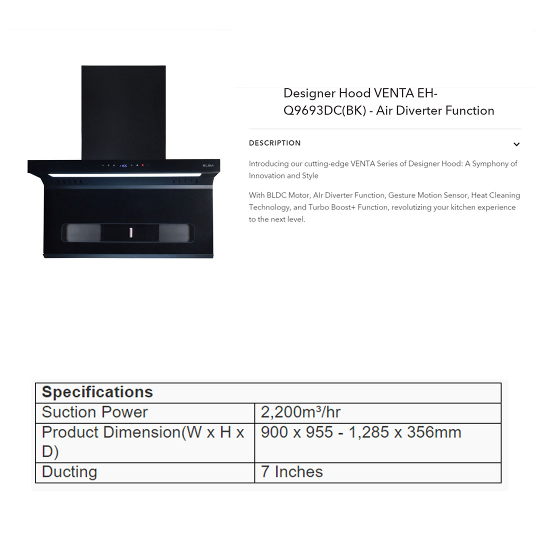 ELBA 2200 m³/hr Designer Hood VENTA EH-Q9693DC(BK) | Premium Stainless Steel Chassis | Air Diverter Function | 3-speed Sensor |  Hood with 1 Year Warranty