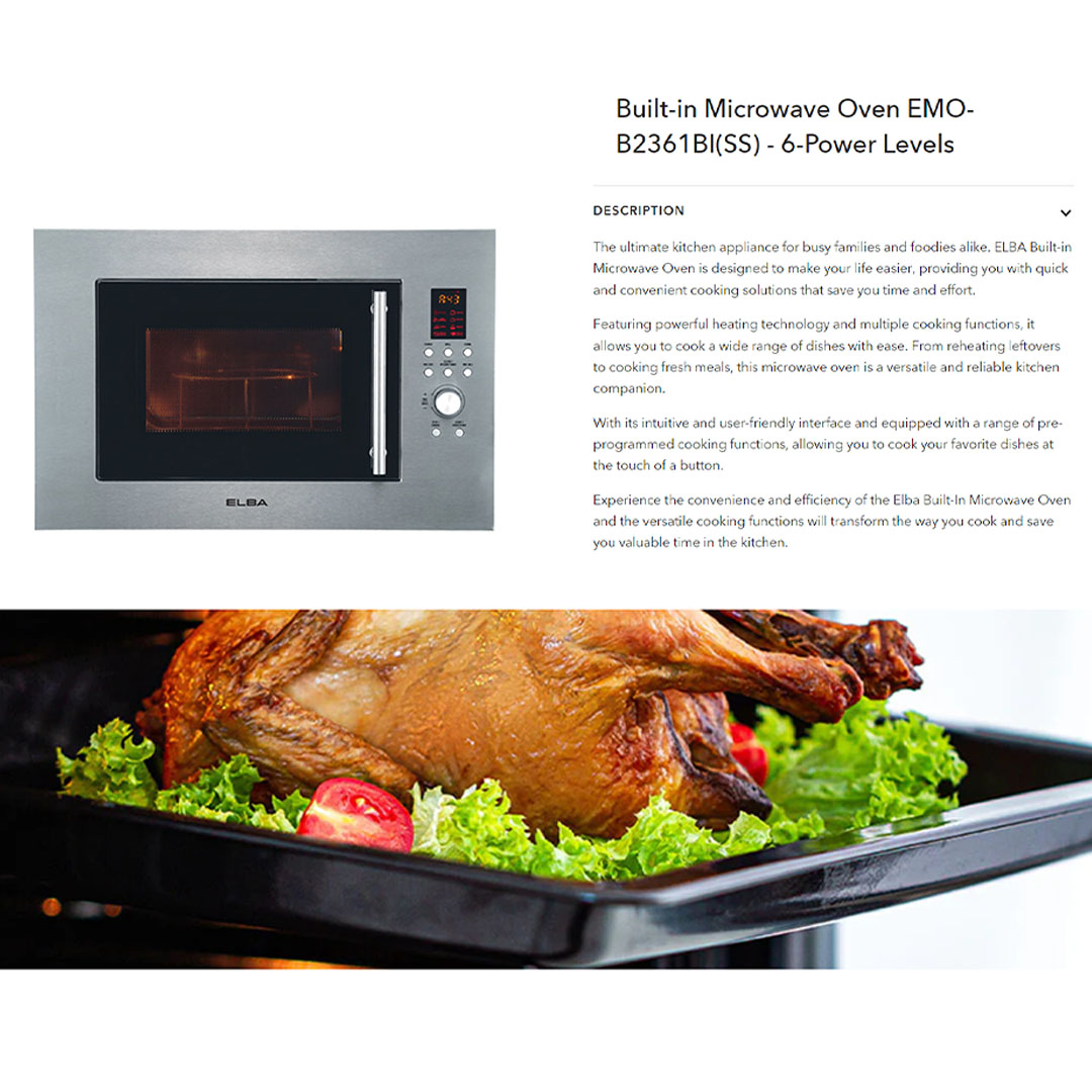 ELBA 23L Built-in Microwave Oven EMO-B2361BI(SS) | Microwave + Electric Oven | 8 Manual Cooking Option | Digital Timer | Key Lock Function | Cooking End Signal | Microwave with 1 Year Warranty