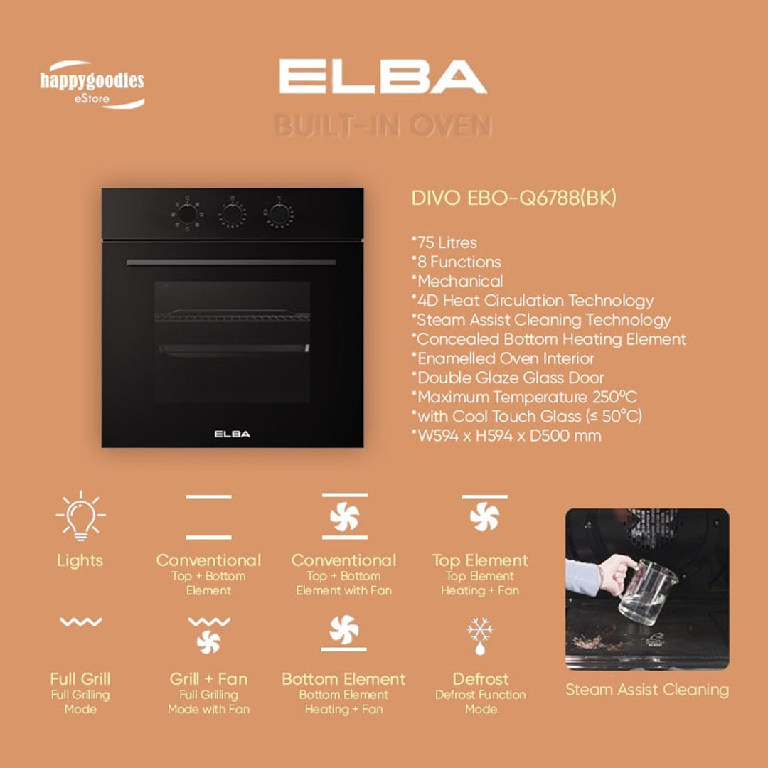 ELBA 75L Built-in Oven EBO-Q6788(BK) | 8 Functions | Temperature Range: 50-250ºC | 4D Heat Circulation Technology | Mechanical Control with Timer | Oven with 1 Year Warranty