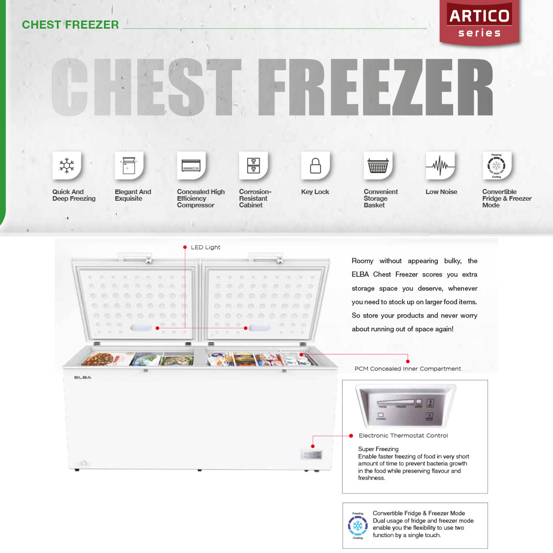 ELBA 130L|190L|260L Chest Freezer EF-E1310(GR)/EF-E1915(GR)/EF-E2620(GR) | R600a | Mechanical Control | Recessed Handle | Safety Lock | Chest Freezer with 1 Year General Warranty & 5 Years Motor Warranty