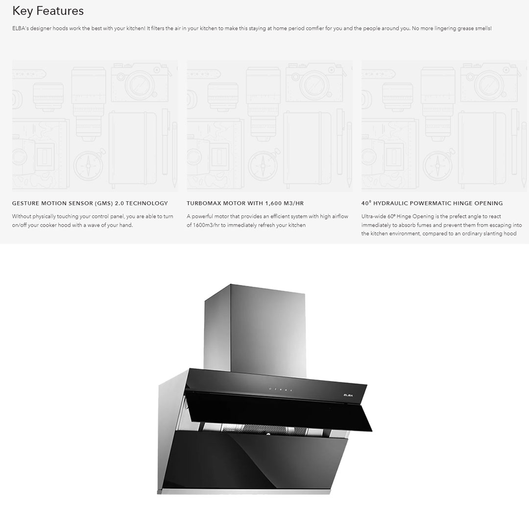 ELBA 1600 m³/hr Designer Hood ETERNO EH-N9128ST(BK) |  3-speed Sensor Touch Control | 40⁰ HYDRAULIC POWERMATIC HINGE OPENING | Premium Stainless Steel Chasis | Hood with 1 Year Warranty