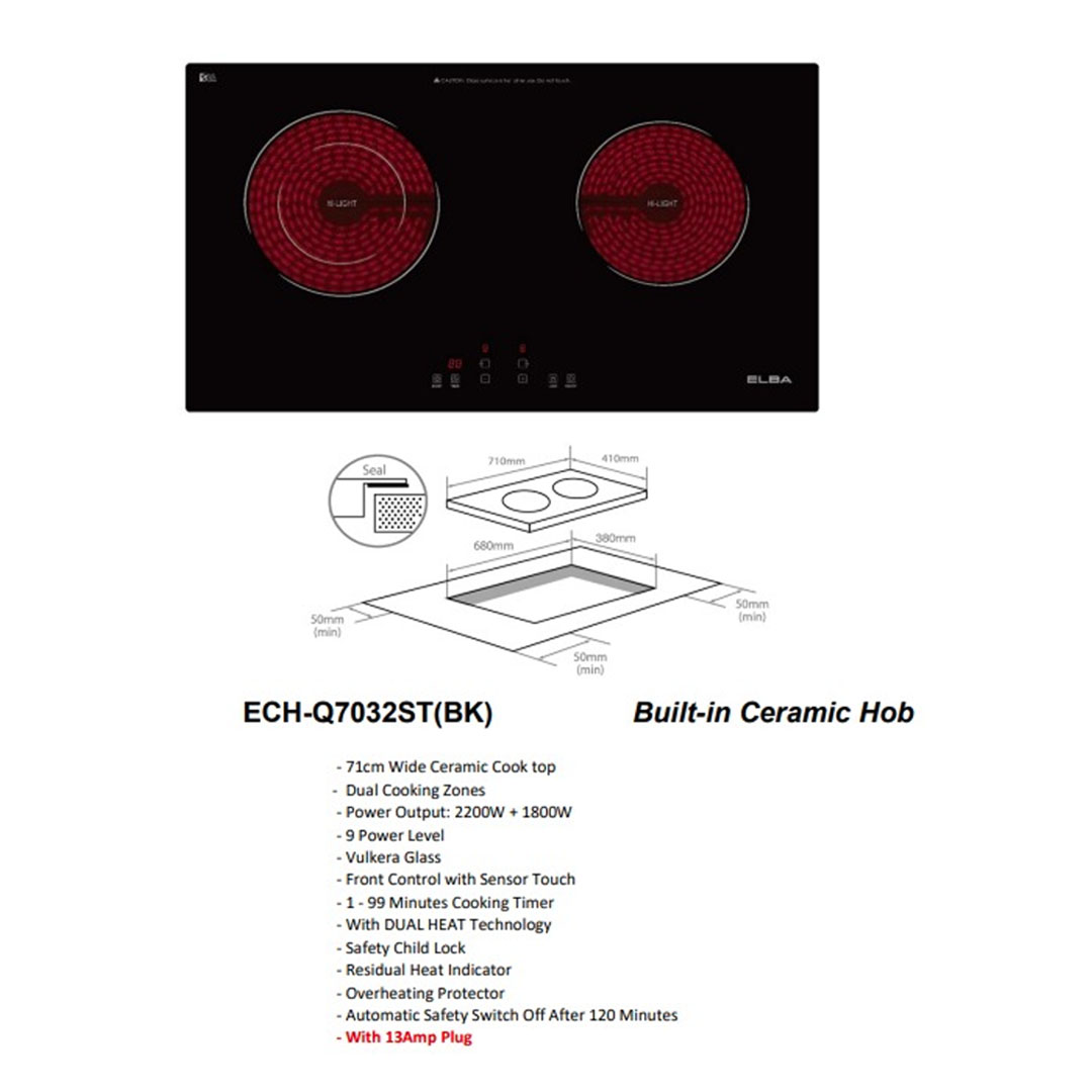 ELBA 2 Burners Built-In Ceramic Hob ECH-Q7032ST(BK) | Dual Cooking Zones | Vulkera Glass | Safety Child Lock | Hob with 1 Year Warranty