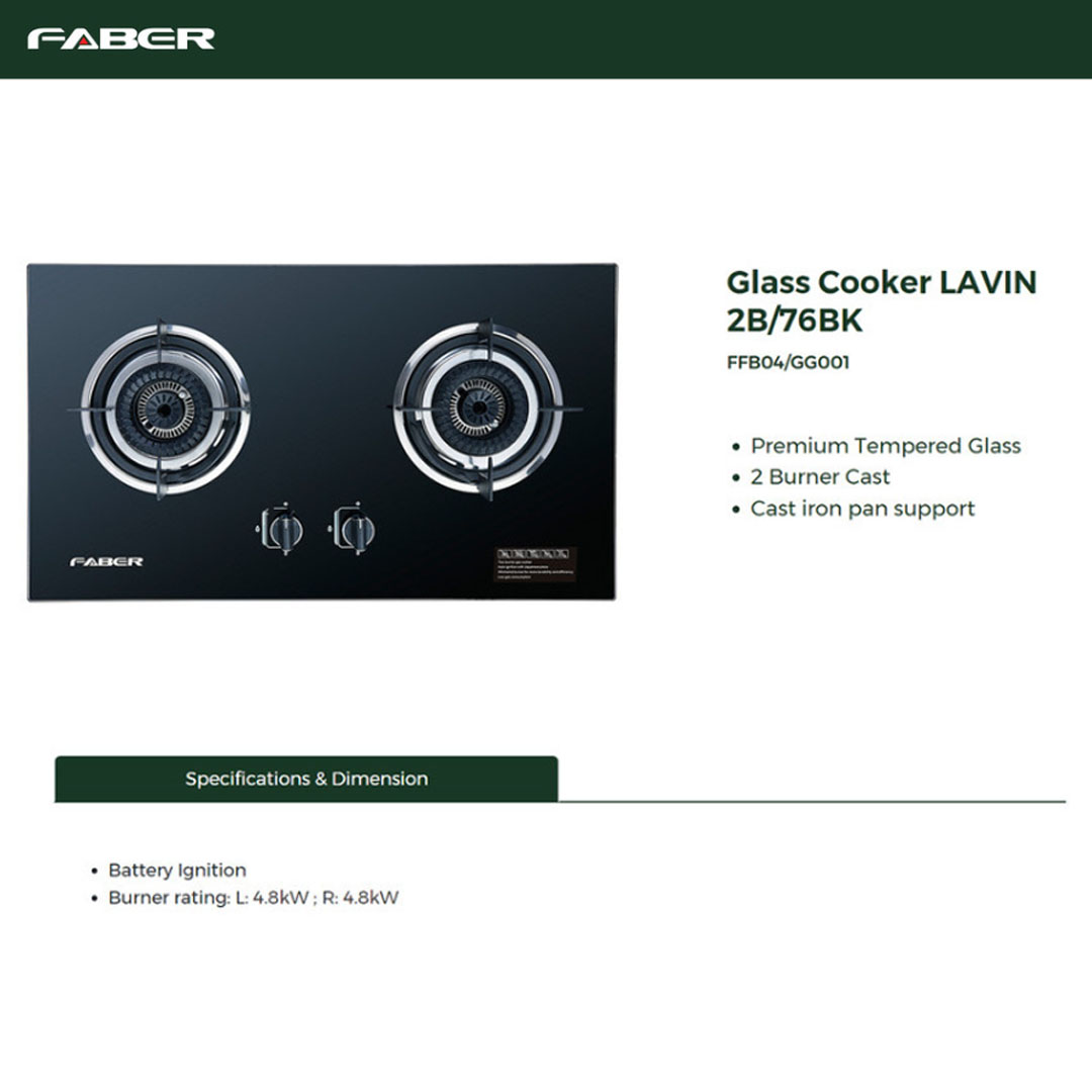 Faber 2 Burners Built-In Glass Hob LAVIN 2B/76BK | Premium Tempered Glass | Cast iron pan support | Hob with 1 Year Warranty