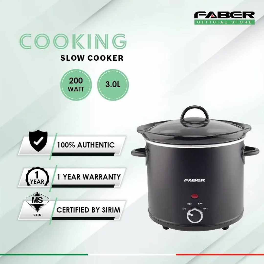 FABER 3L/5L Slow Cooker FSC 300BK/FSC 500BK | Hi & Lo Modes with Auto Switch | Removable Ceramic Pot | Tempered Glass Lid | Cooker With 1 Year Warranty