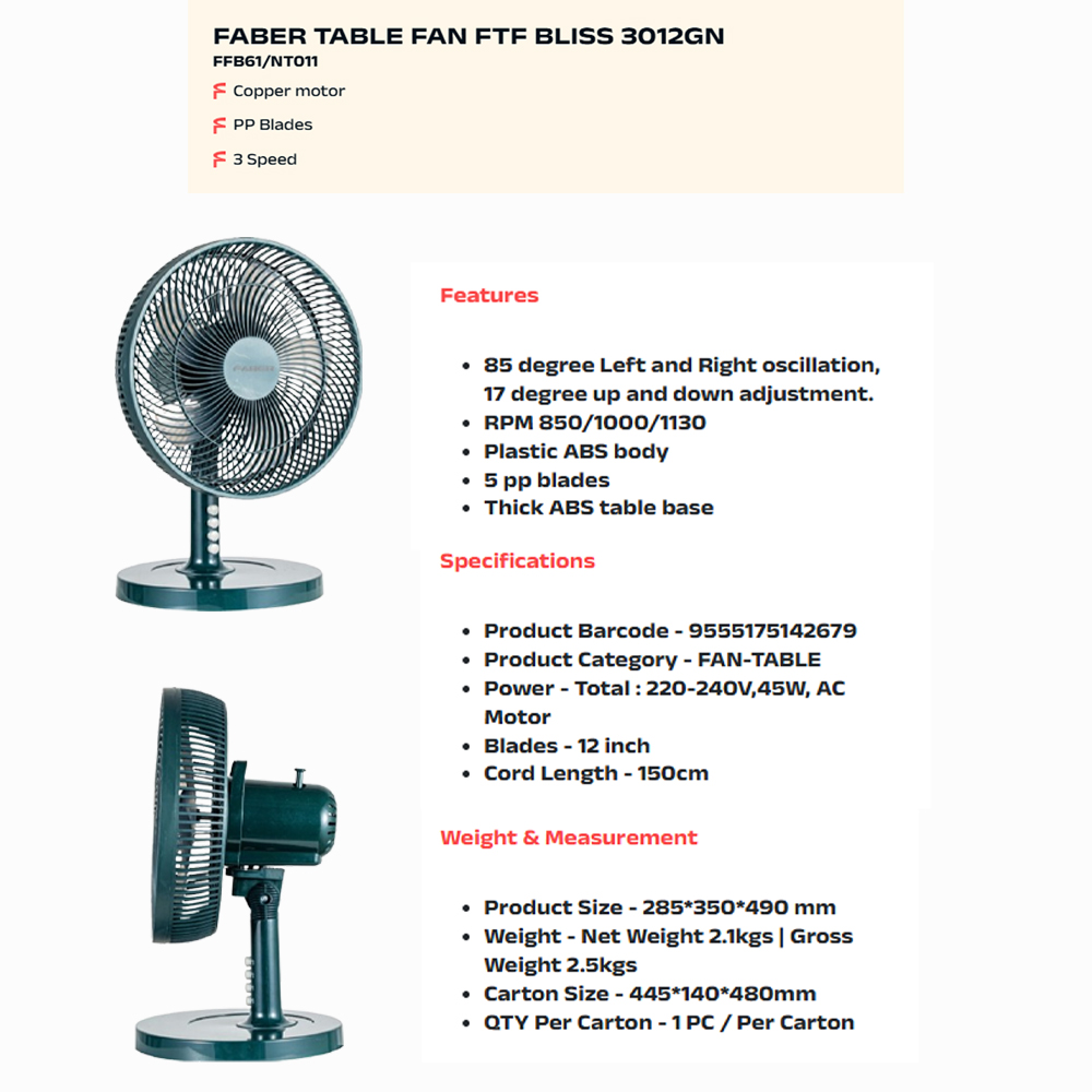 FABER 12" Table Fan Green FTF BLISS 3012GN | 5 PP Blades | Copper motor | 3 Speed