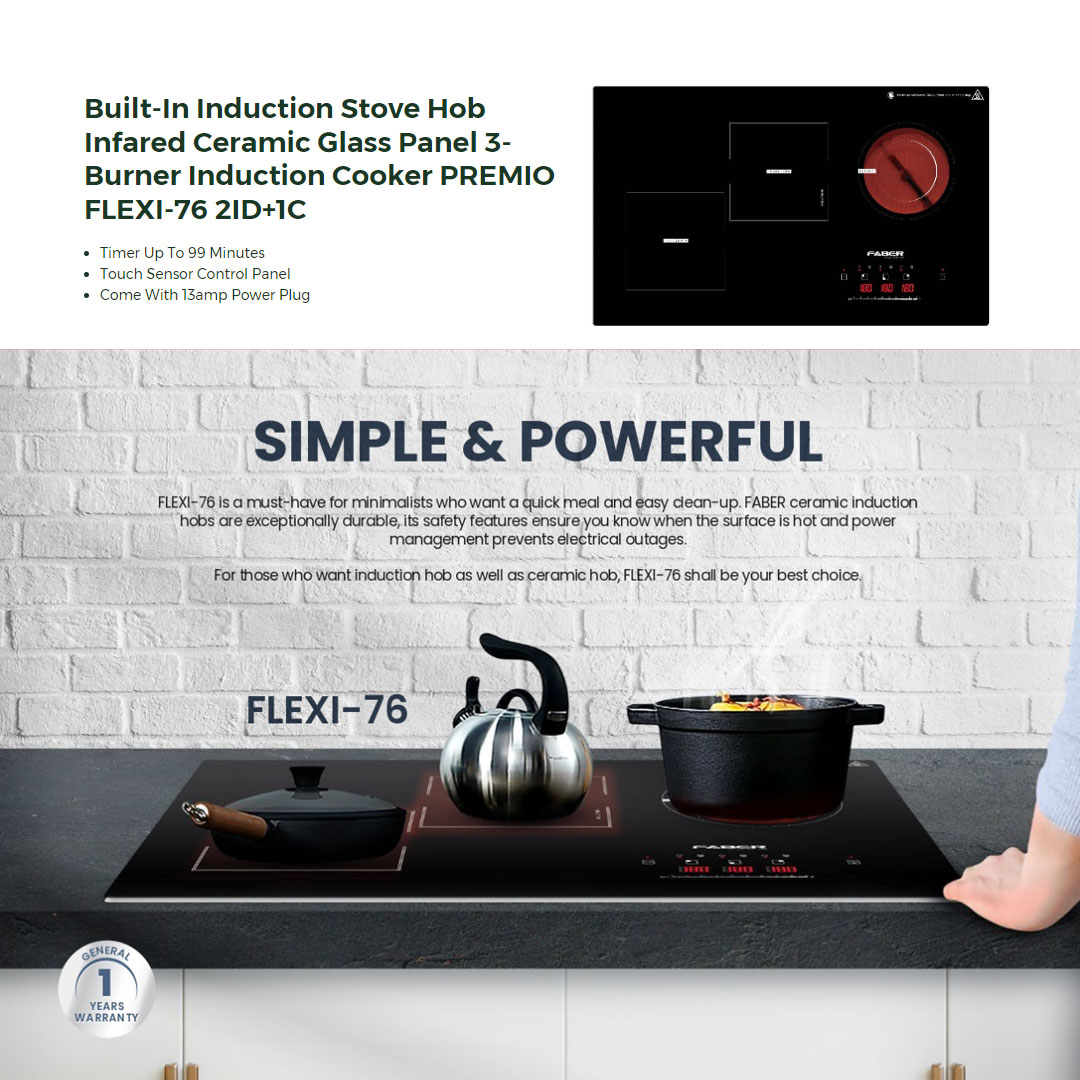 FABER 2Induction+1Ceramic Power Built-In Ceramic Hob PREMIO FLEXI-76 2ID+1C | Touch Sensor Control Panel