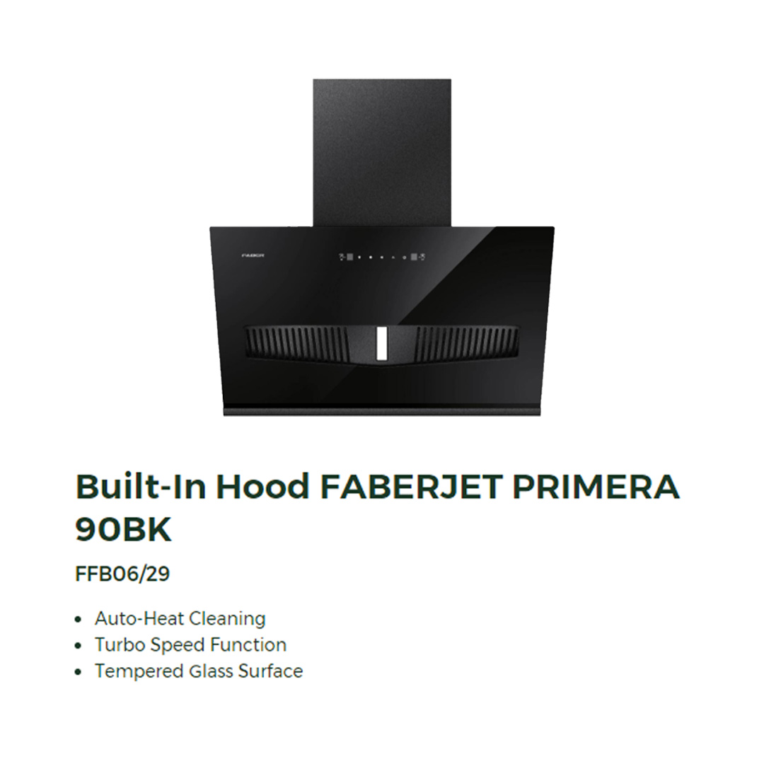 FABER 1800m3/h Designer Hood FABERJET PRIMERA 90BK | Tempered Glass Surface | Turbo Speed Function | Auto Heat Cleaning | Hand Wave Control | Cooker Hood with 1 Year Manufacture