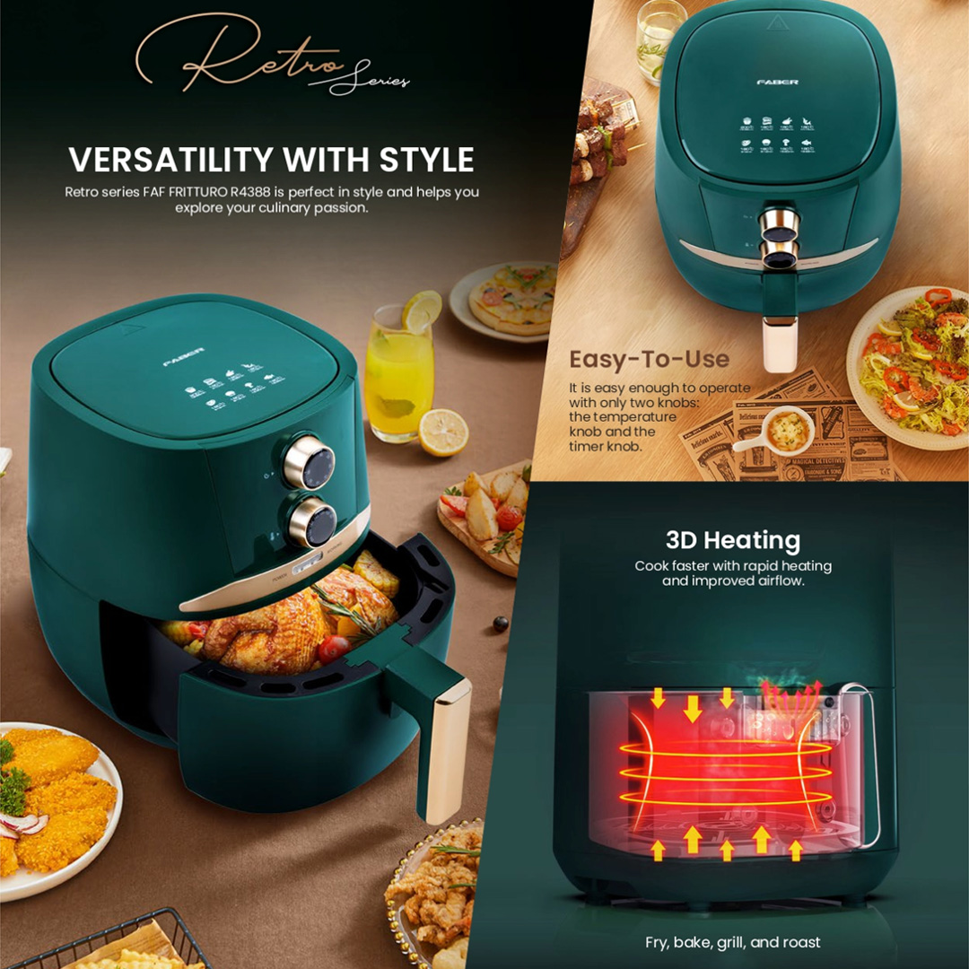 FABER 4.3L Retro Series Air Fryer FAF FRITTURO R4388 | 1400W | Adjustable Temperature From 80ᵒc - 200ᵒc | Large Capacity | Air Fryer with 1 Year Warranty
