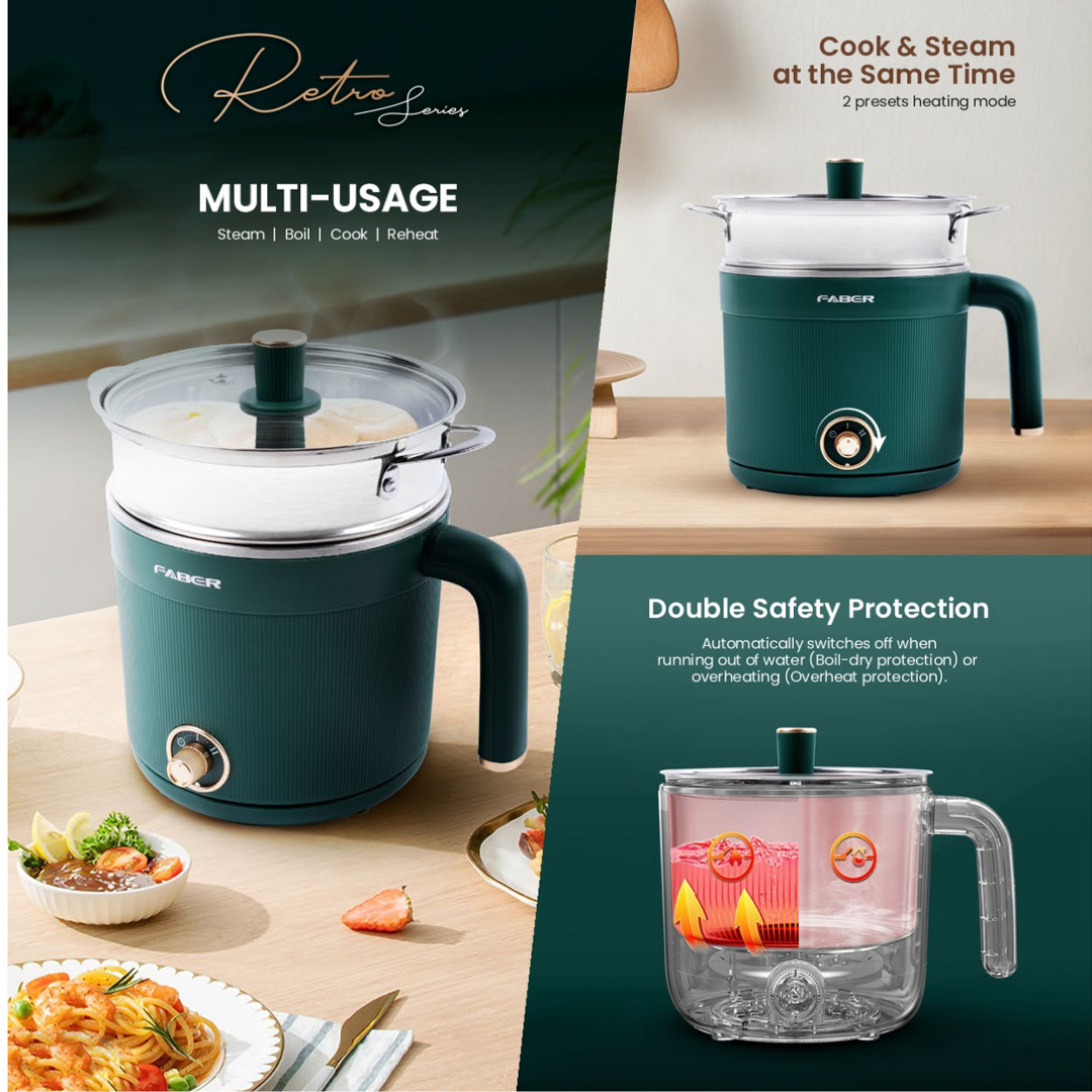 FABER 1.2L Retro Series Handy Multi Cooker FMC R1222 | Boil-Dry Protection | Safety Cut-Off Operation | Indicator Light | Multi Cooker with 1 Year Warranty
