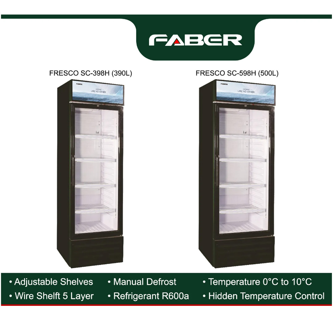 FABER 390L/500L 1 Door Showcase | FRESCO SC-598H / FRESCO SC-398H | Double Layer Transparent Door | Jumbo Pocket | Showcase Door with 1 Year Warranty