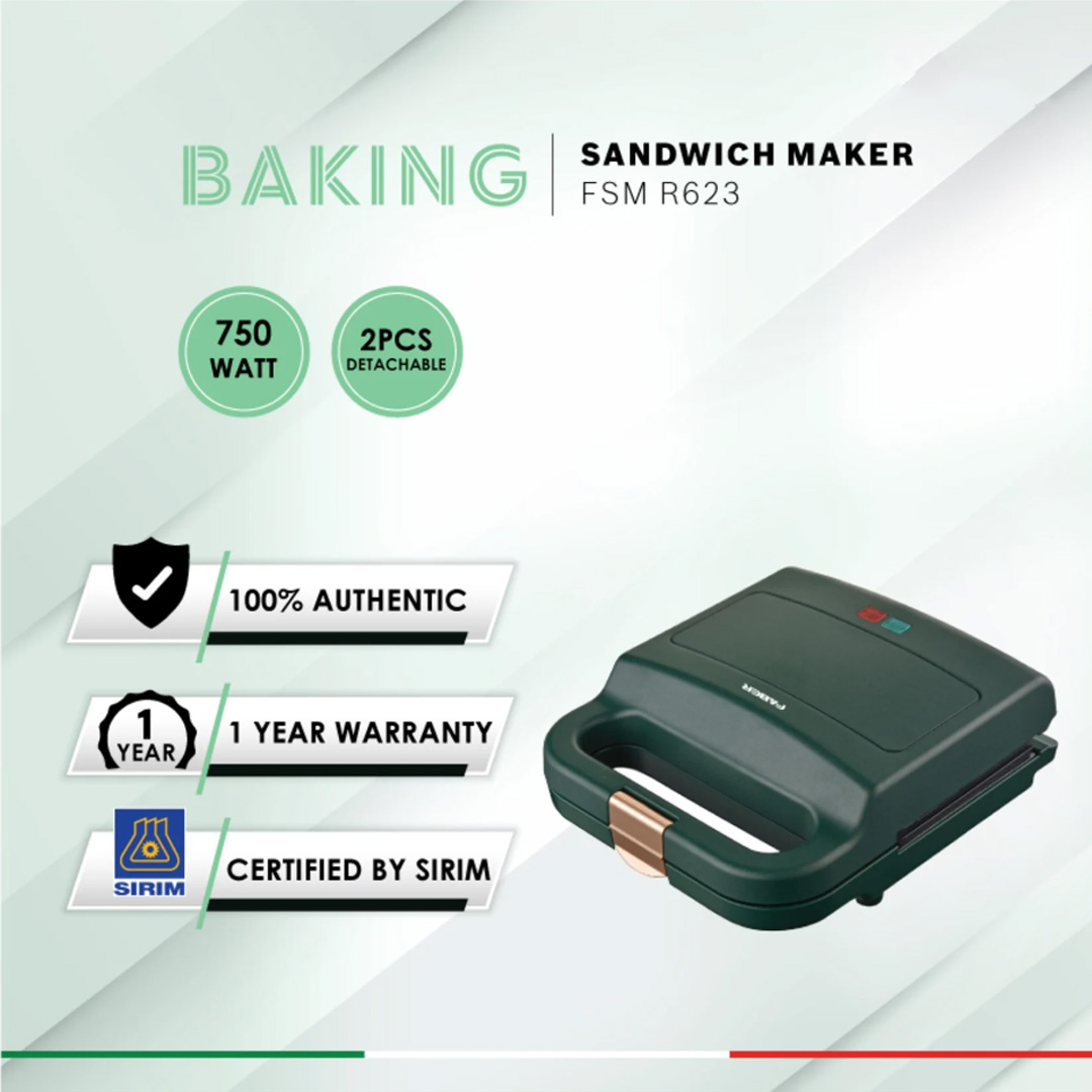 Faber 2 Slices Retro Series Sandwich Maker FSM R623 | Non Stick Plate | Automatic Temperature Control | 3 Variety Plates | Sandwich Maker with 1 Year Warranty