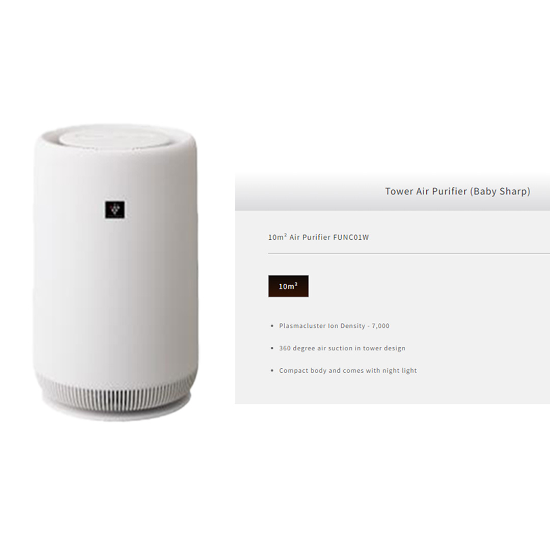 SHARP 10m² Plasmacluster Technology Tower Air Purifier FUNC01W | Removal of Odor | 360° Cylindrical Air Purification | Dust Collection | Deodorization Integrated Filter | Air Purifier with 1 Year Warranty