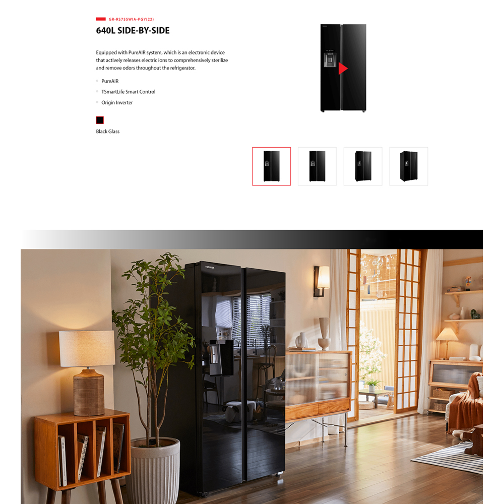 TOSHIBA 640L Side by Side Origin Inverter Refrigerator GR-RS755WIA-PGY(22) | Touch Digital Panel | TSmartLife Smart Control | Origin Inverter | 2  Year General Warranty   12 Year Motor Warranty