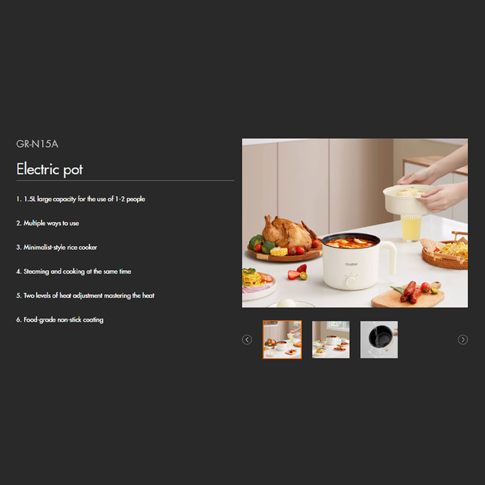 Gaabor 1.5L Electric Pot Multifunction Cooker GR-N15A |  Multiple ways to use |  Minimalist-style rice cooker | Food-grade non-stick coating | 1  Year General Warranty