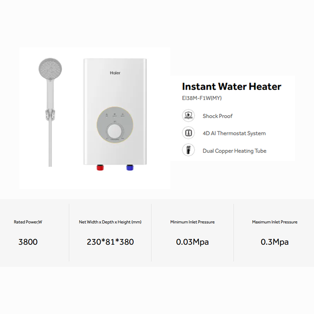 HAIER 3800W Instant Water Heater EI38M-F1W(MY) | Dual Copper Heating Tube | Shock Proof | 4D AI Thermostat System