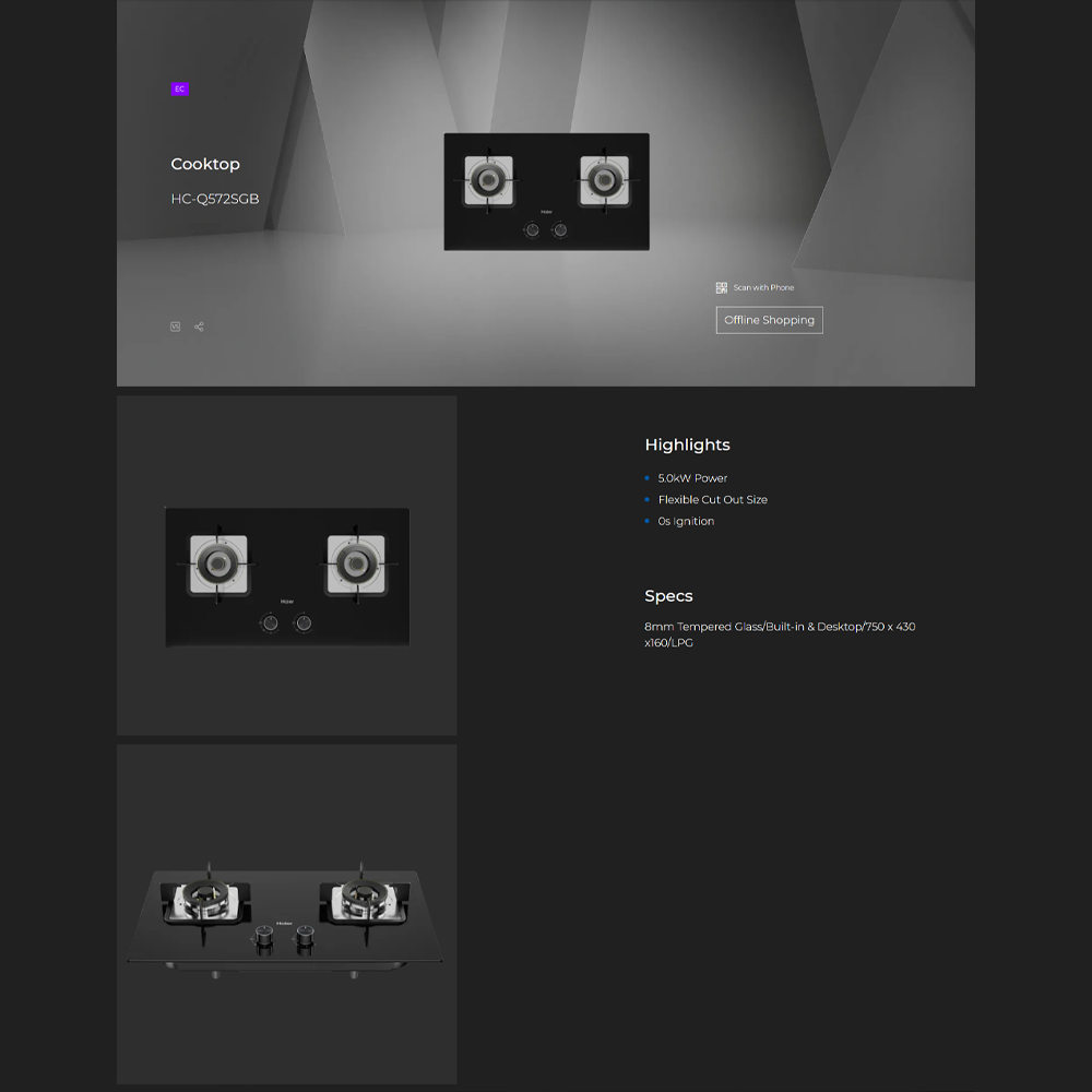 HAIER 2 Burners Built-In Tempered Glass Gas Hob HC-Q572SGB | 5.0kW Power | Flexible Cut Out Size