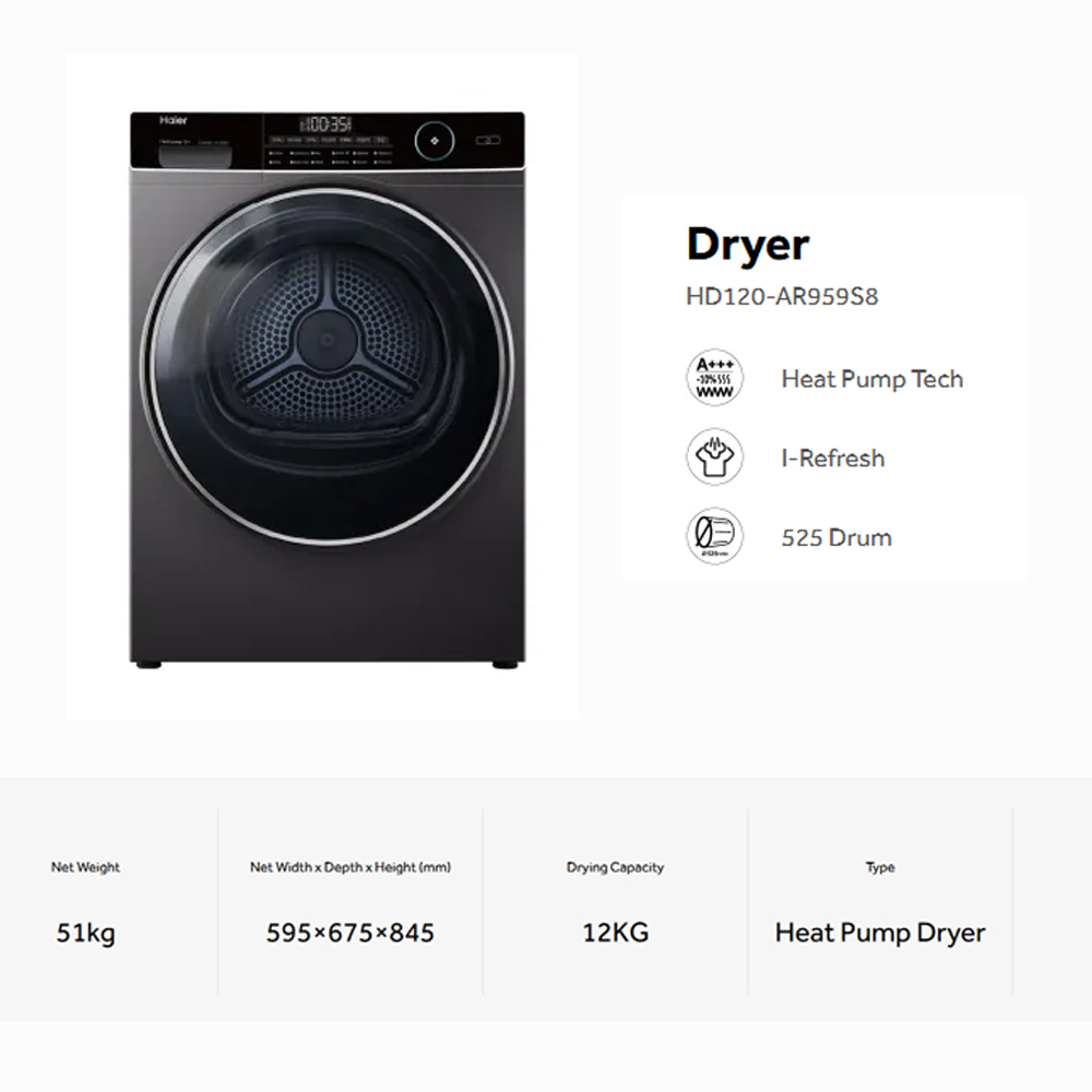 HAIER 12KG Heat Pump Dryer HD120-AR959S8 | Reversible Tumble | Sensor Dry | Heat Pump Technology