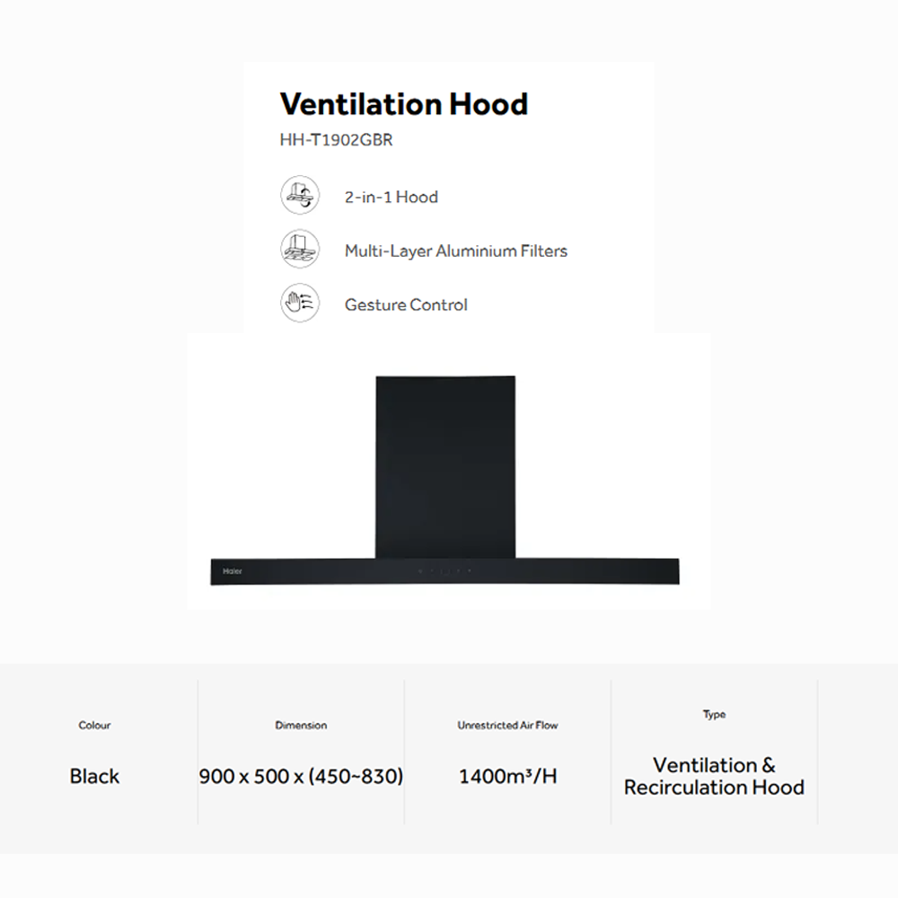 HAIER 1400m3/h 2-in-1 T Box Hood HH-T1902GBR | Suction Power: 1400mᶟ/h | 2 in 1 Hood | Gesture Control