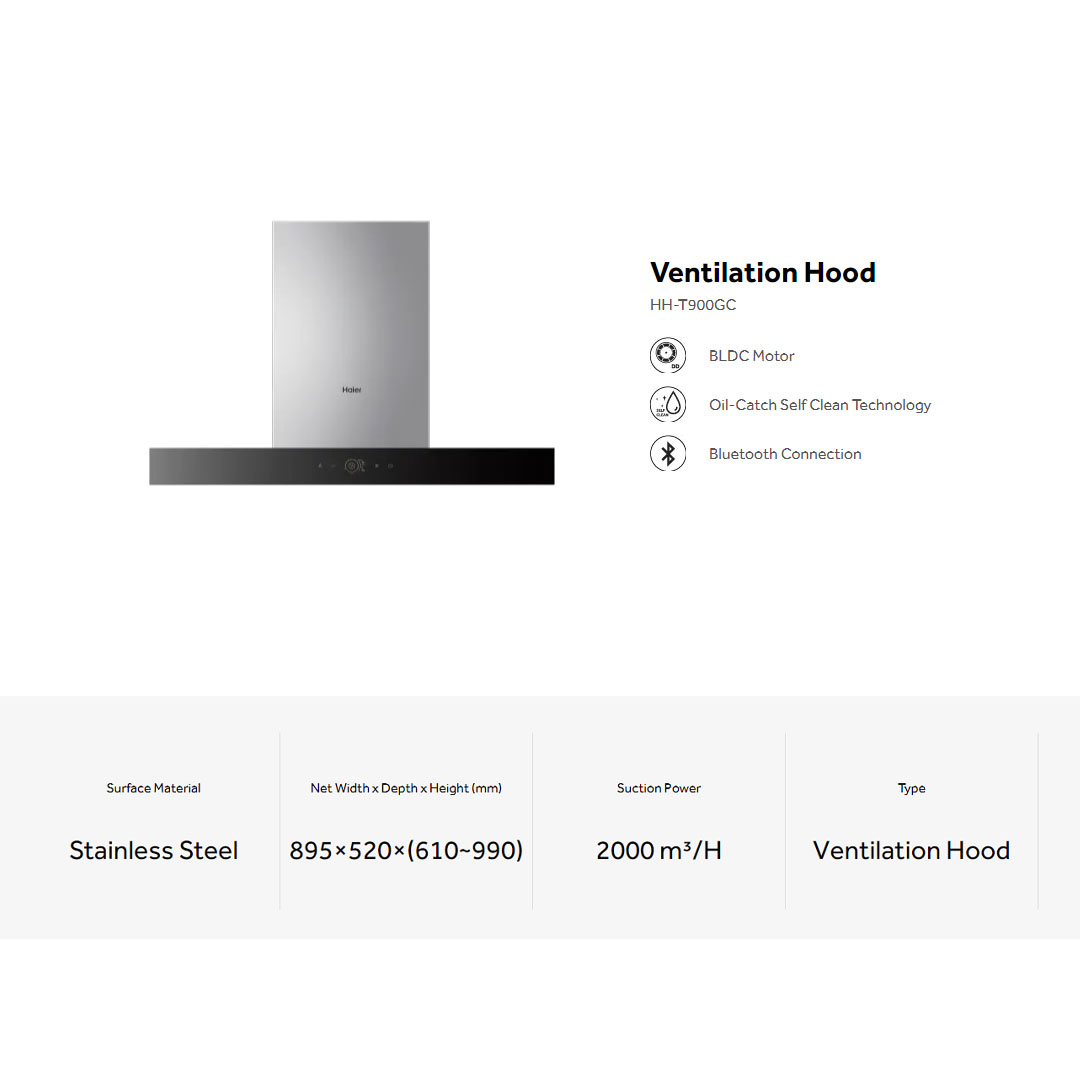 HAIER 2000m3/h Ventilation Hood HH-T900GC | BLDC Motor | Oil-Catch Self Clean Technology | Bluetooth Connection | Hood with 3 Year Warranty