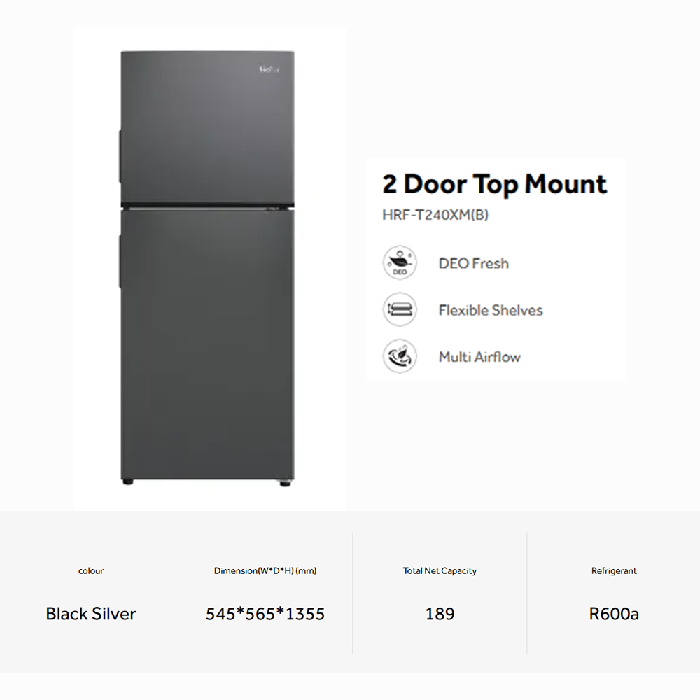 HAIER 240L 2 Doors Top Mount Refrigerator HRF-T240XM(B) | Deo Fresh | 4 Star Energy Saving | No Frost