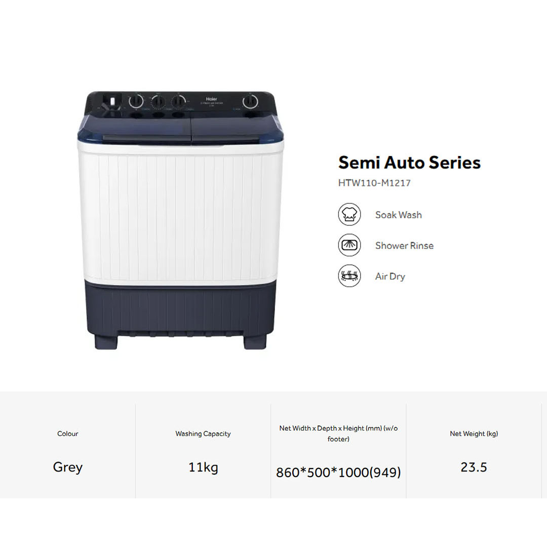 HAIER 7KG/9KG/11KG/13KG Semi Auto Washing Machine HTW70-M1217/HTW90-M1217/HTW110-M1217/HTW130-M1217 | Soak Wash | Shower Rinse | Air Dry | Transparent Top Lid | Rat Guard Baseplate | Washing Machine with 2 Year Warranty