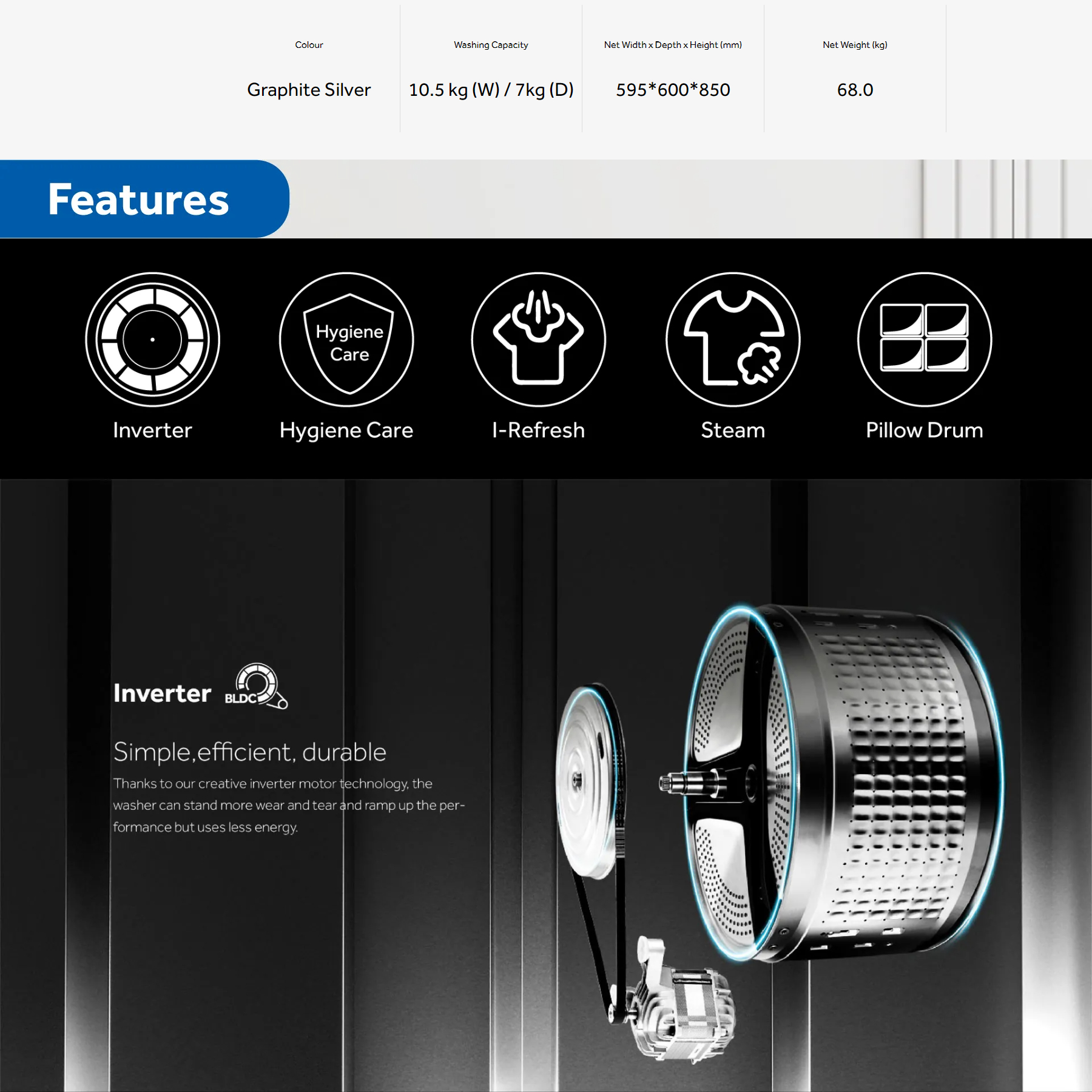 HAIER 10.5KG/7KG Front Load Inverter Washer Dryer HWD105-BP1239S8 | Super Inverter |  Hygiene Care |  I-Refresh | Washer Dryer with 2 Year Warranty